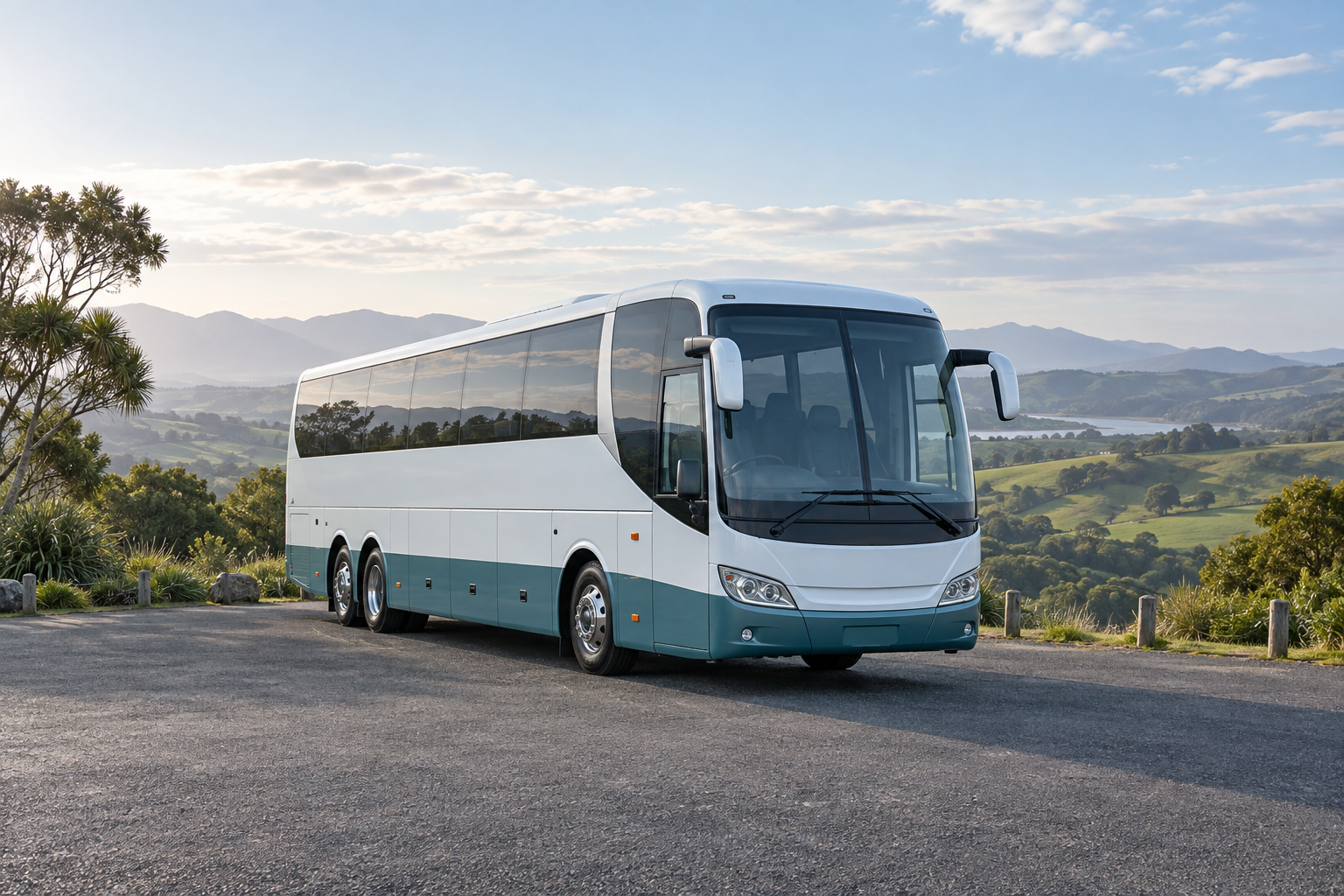 A white and teal touring coach overlooking green New Zealand countryside