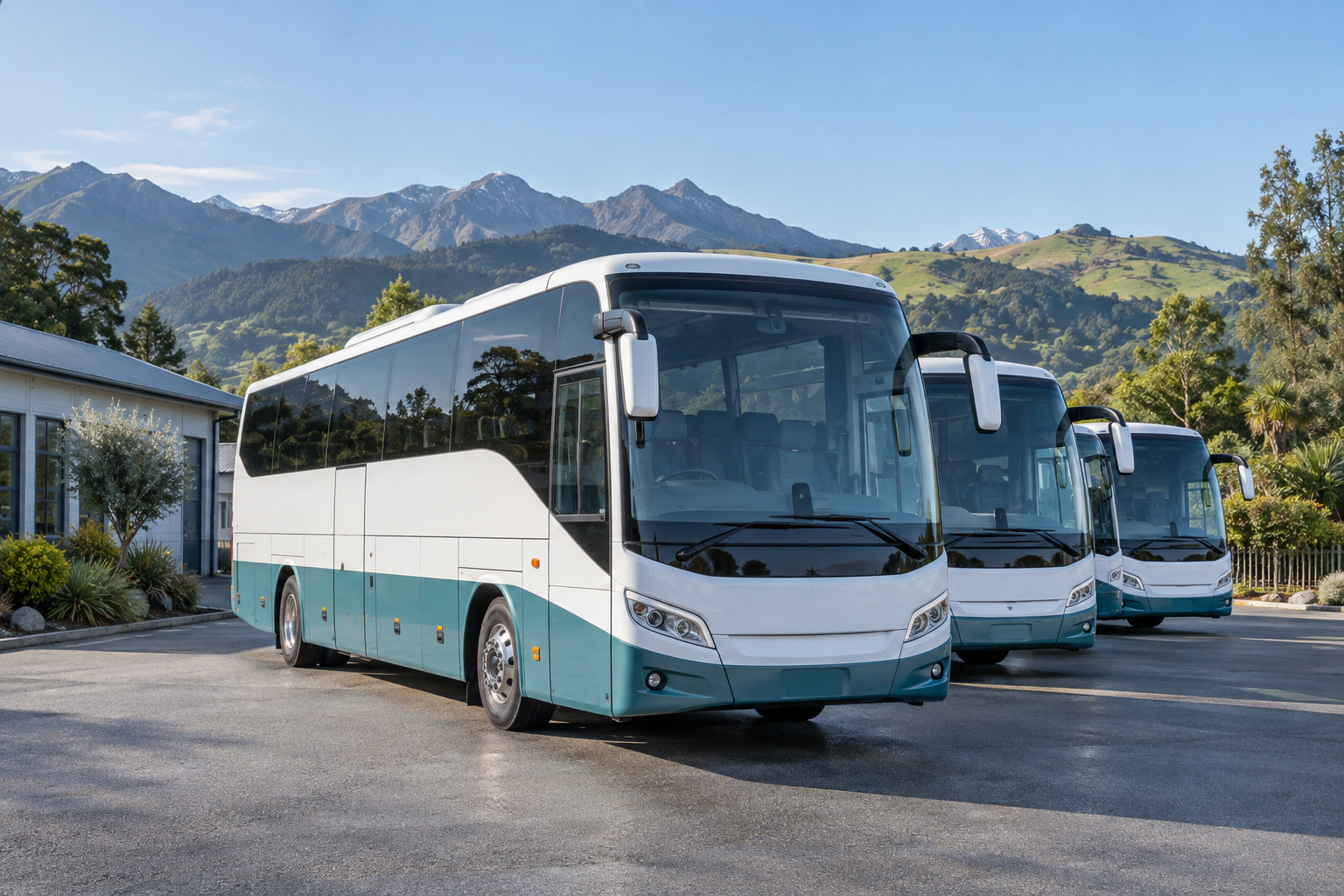 Three white and teal touring coaches ready at a New Zealand depot